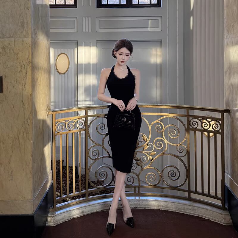 【dress】レースドッキングロングニットワンピース Q8002