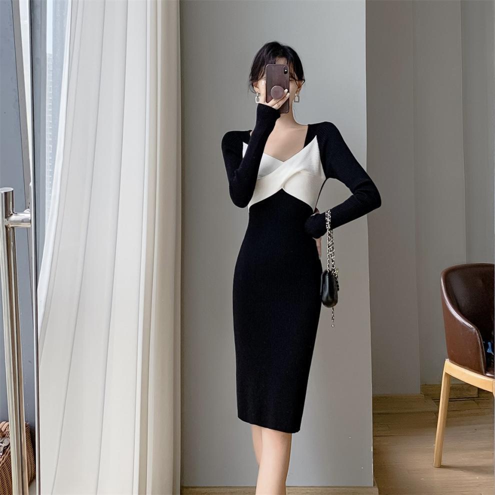 【dress】クロス配色ニットワンピース　M26277