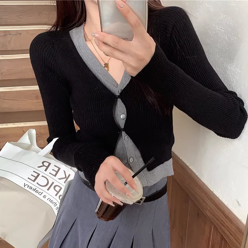 【tops】フェイクレイヤードニットトップス Q8150