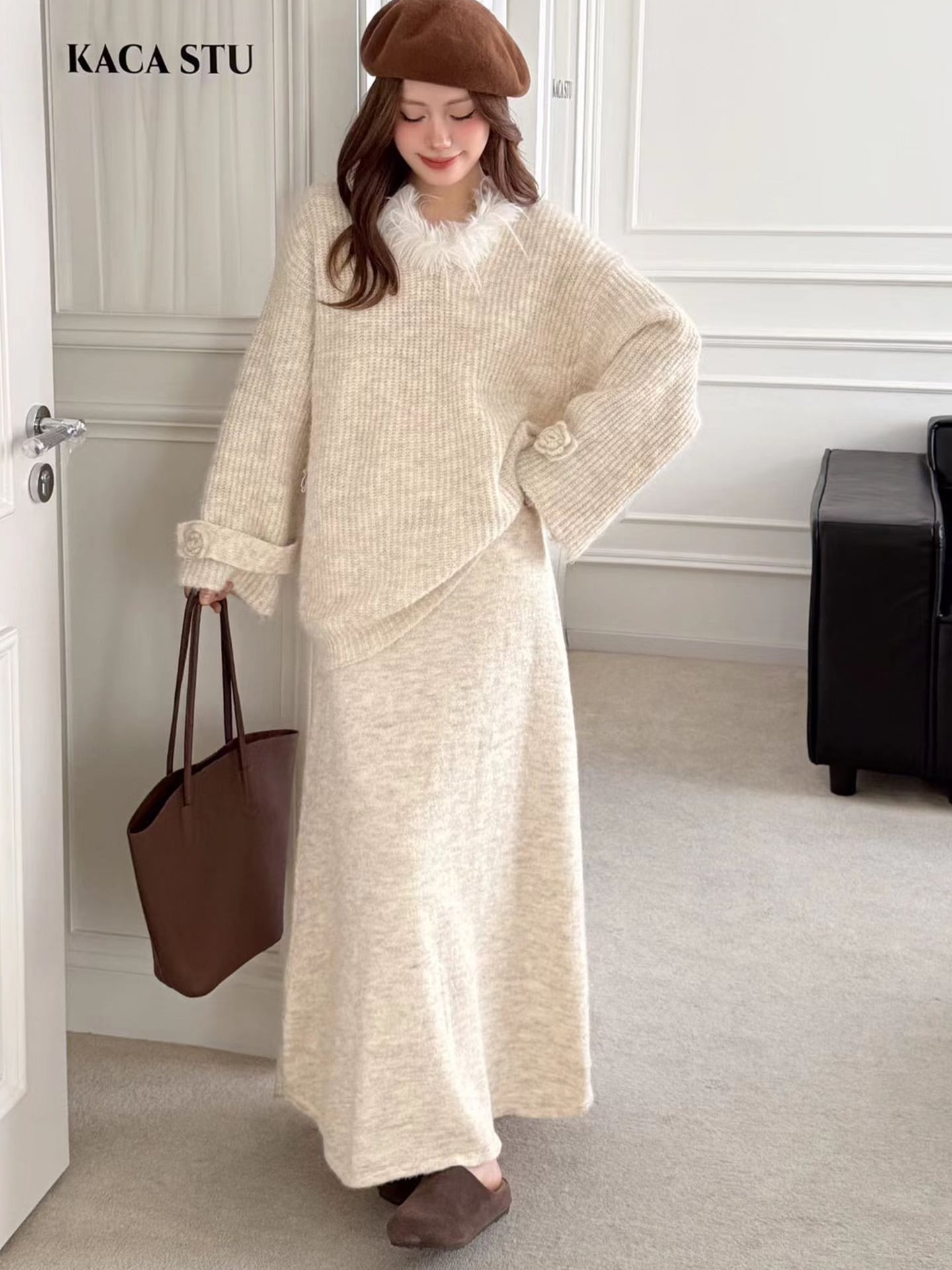 【set】ファーネックニットトップス×ロングスカートセット Q6956