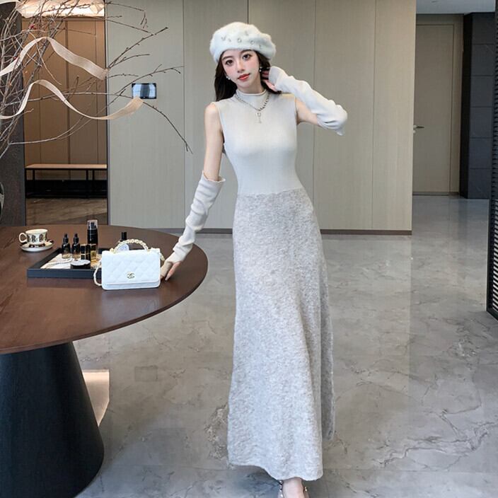 【dress】アームカバー付きドッキングニットワンピース　M28118