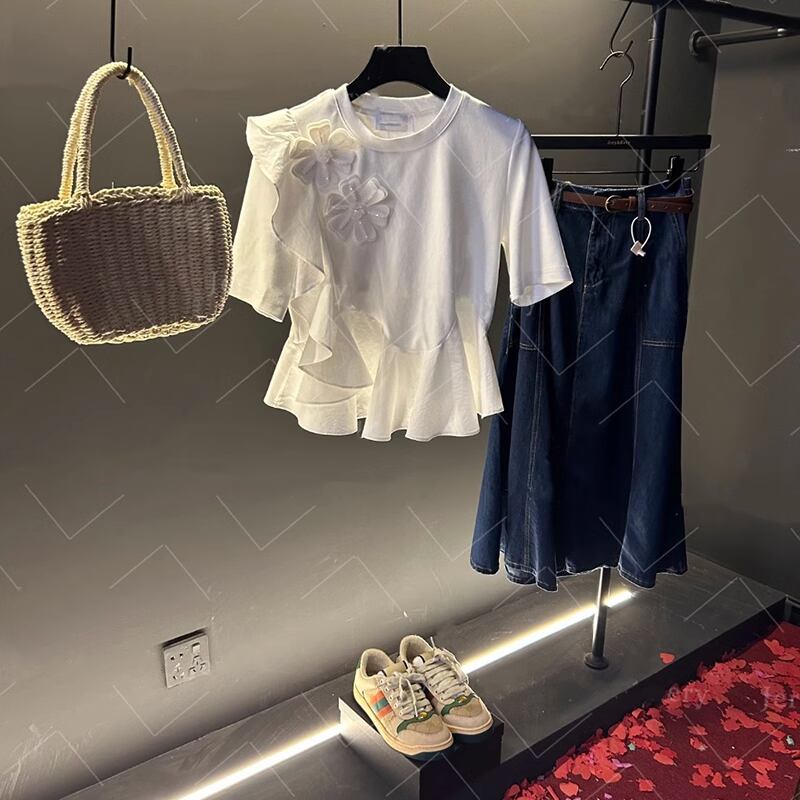 【tops】半袖ギャザーペプラムTシャツF7047