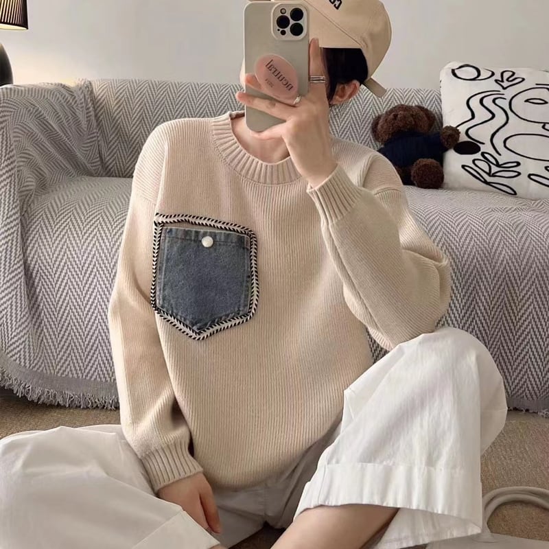 【tops】デニムポケット付きセーター Q6370