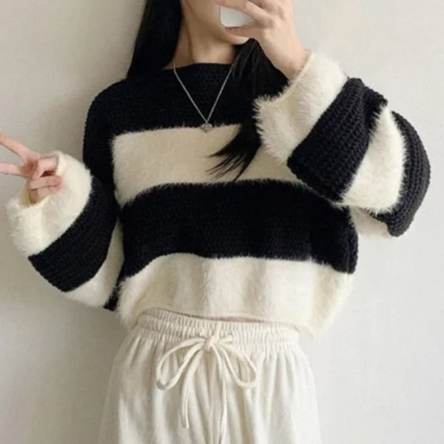 【tops】ボーダー柄ニットセーター　M26908
