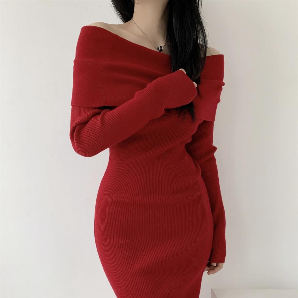 【dress】オフショルダーニットワンピース　M28033