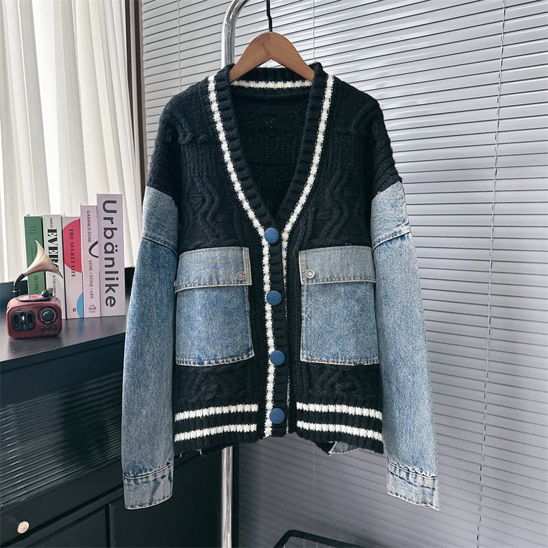 【outer】デニム切り替えニットカーデ　M25784