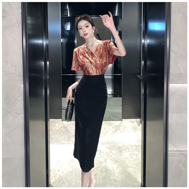 【dress】Vネック切り替えスリットワンピース G21104