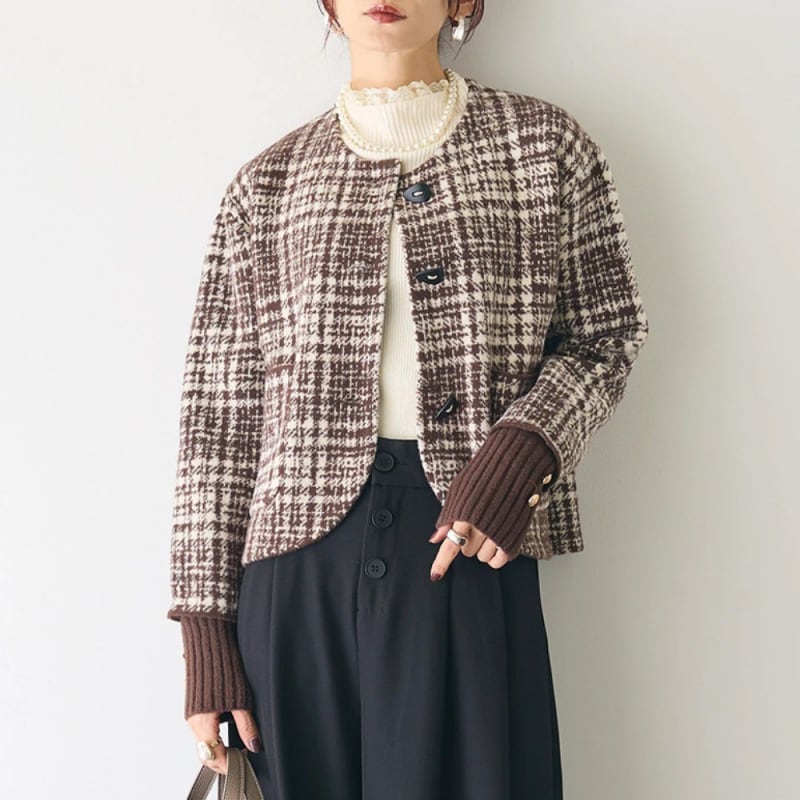 【outer】チェック柄ショートコート　M28385