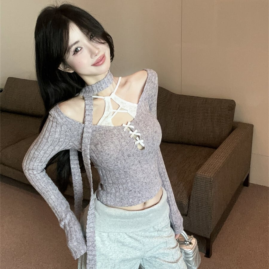 【tops】レース切り替え長袖Tシャツ　M28397