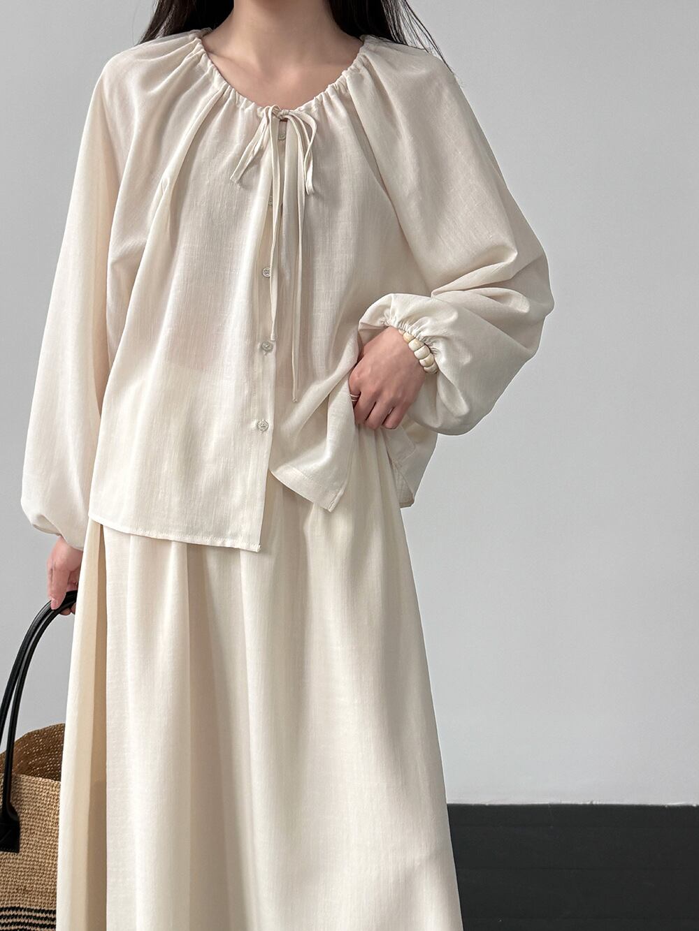 【set】リボン付きトップス×ロングスカートセット Q8324