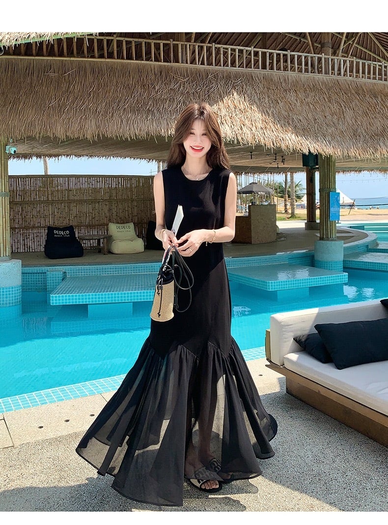 【dress】チュールドッキングロングワンピース　K0554