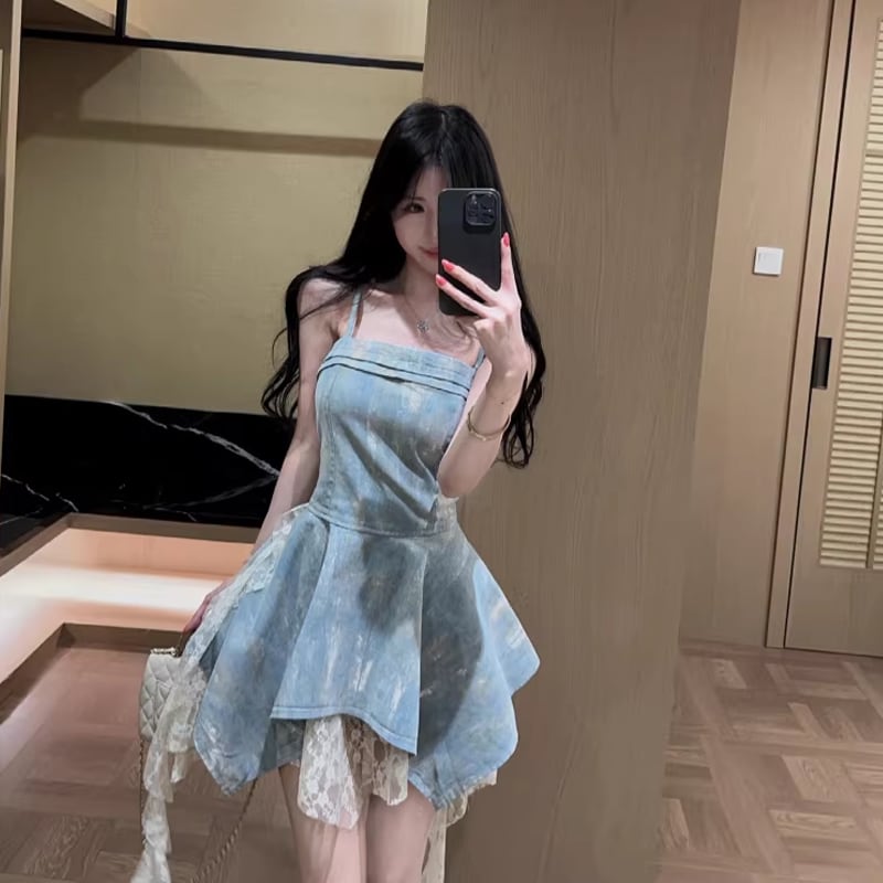 【dress】レースドッキングデニムキャミワンピース Q8340