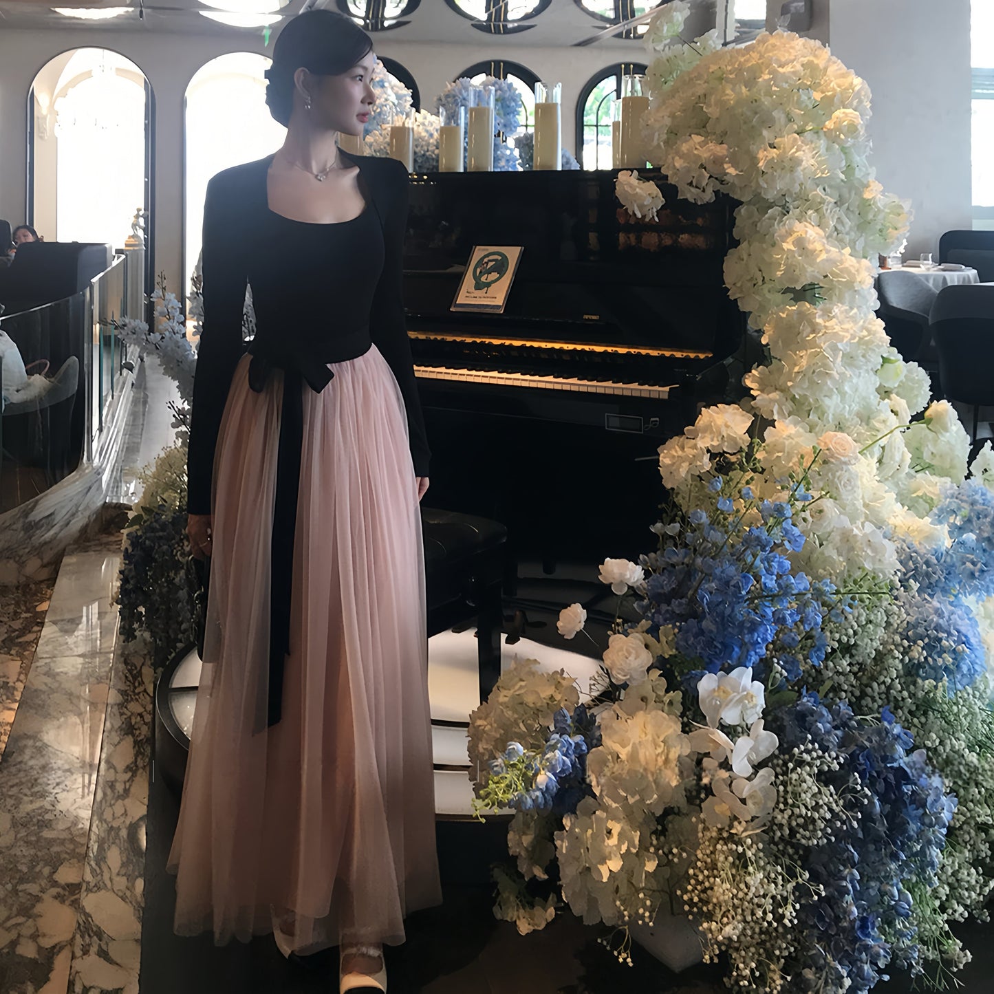 【dress】チュールドッキングロングワンピース　N3439