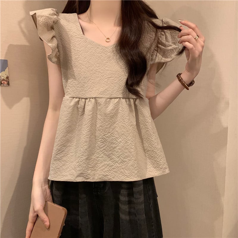 【tops】5色フレンチスリーブフリルブラウスF7483