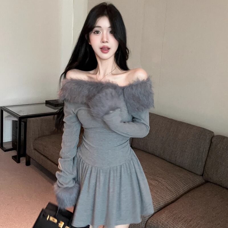 【dress】ファー付きフレアワンピース Q7564