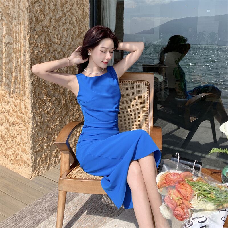 【dress】上品なシルエット!気質満点レトロノースリーブOL通勤ハイウエストワンピース G7444