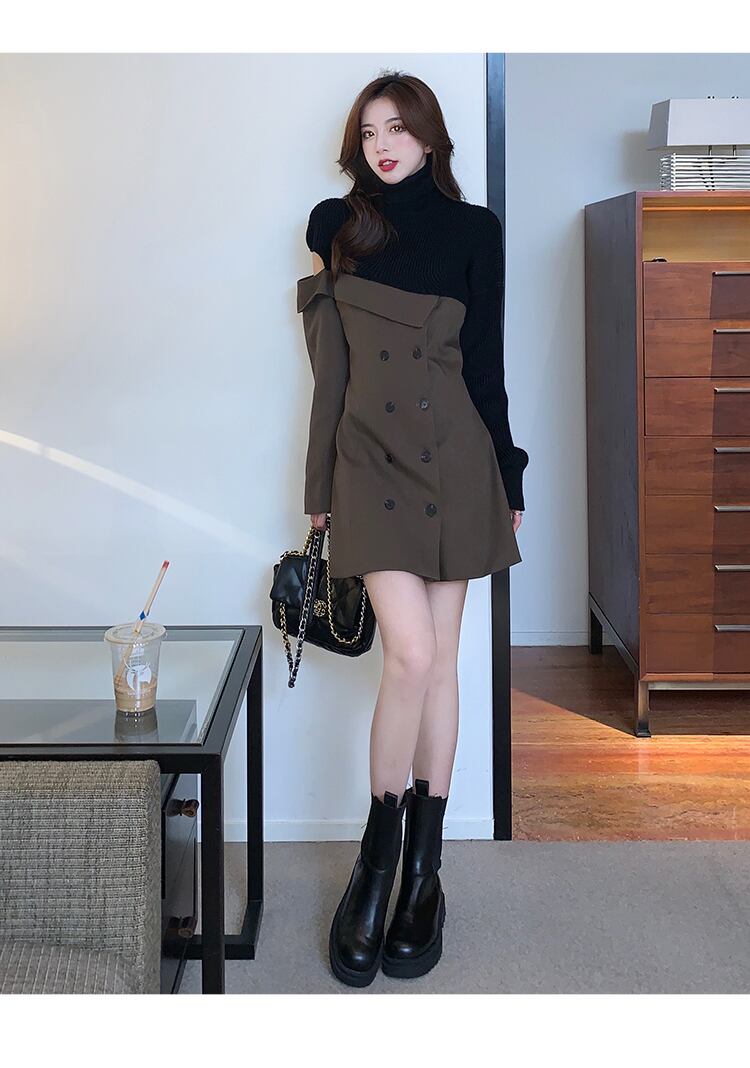 【dress】一目惚れ！ハイネック長袖ニット替え体型カバーファッション配色ワンピースF0972