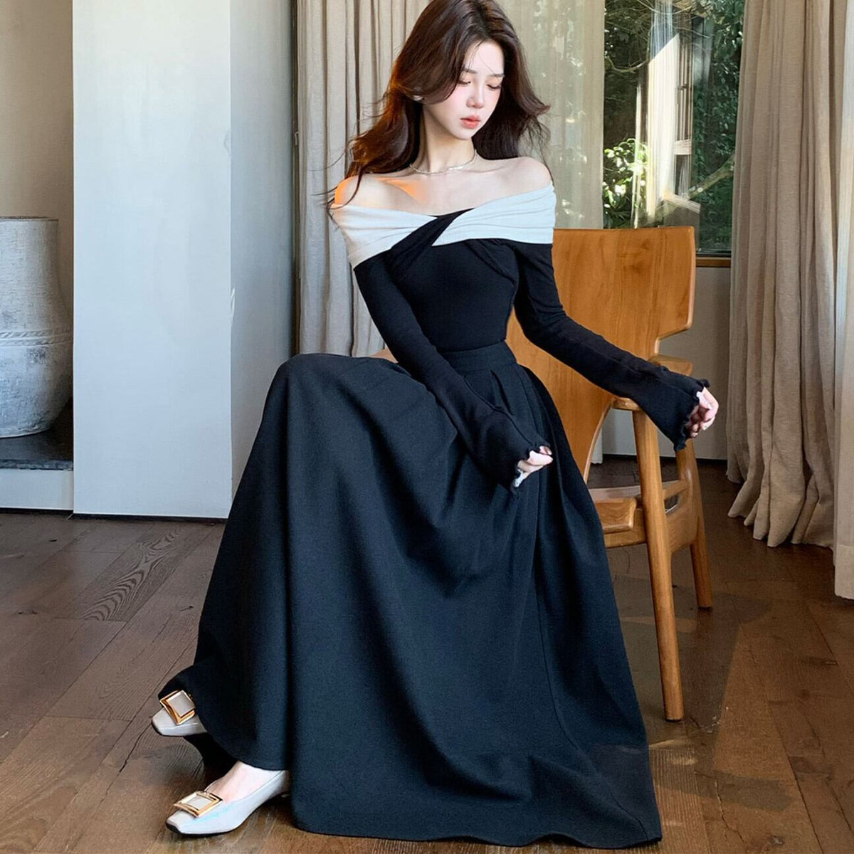 【set】オフショルニットトップス×ロングスカートセット     N3461