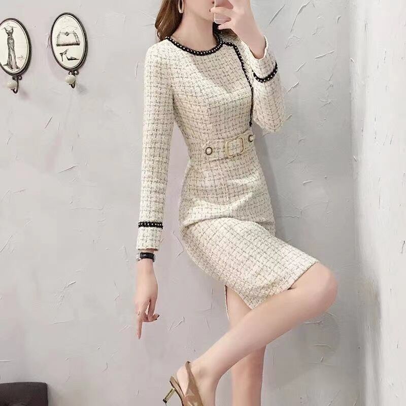 【dress】細身効果抜群♪ラウンドネック長袖韓国ファッションチェック柄OL通勤ボディラインワンピースF1540