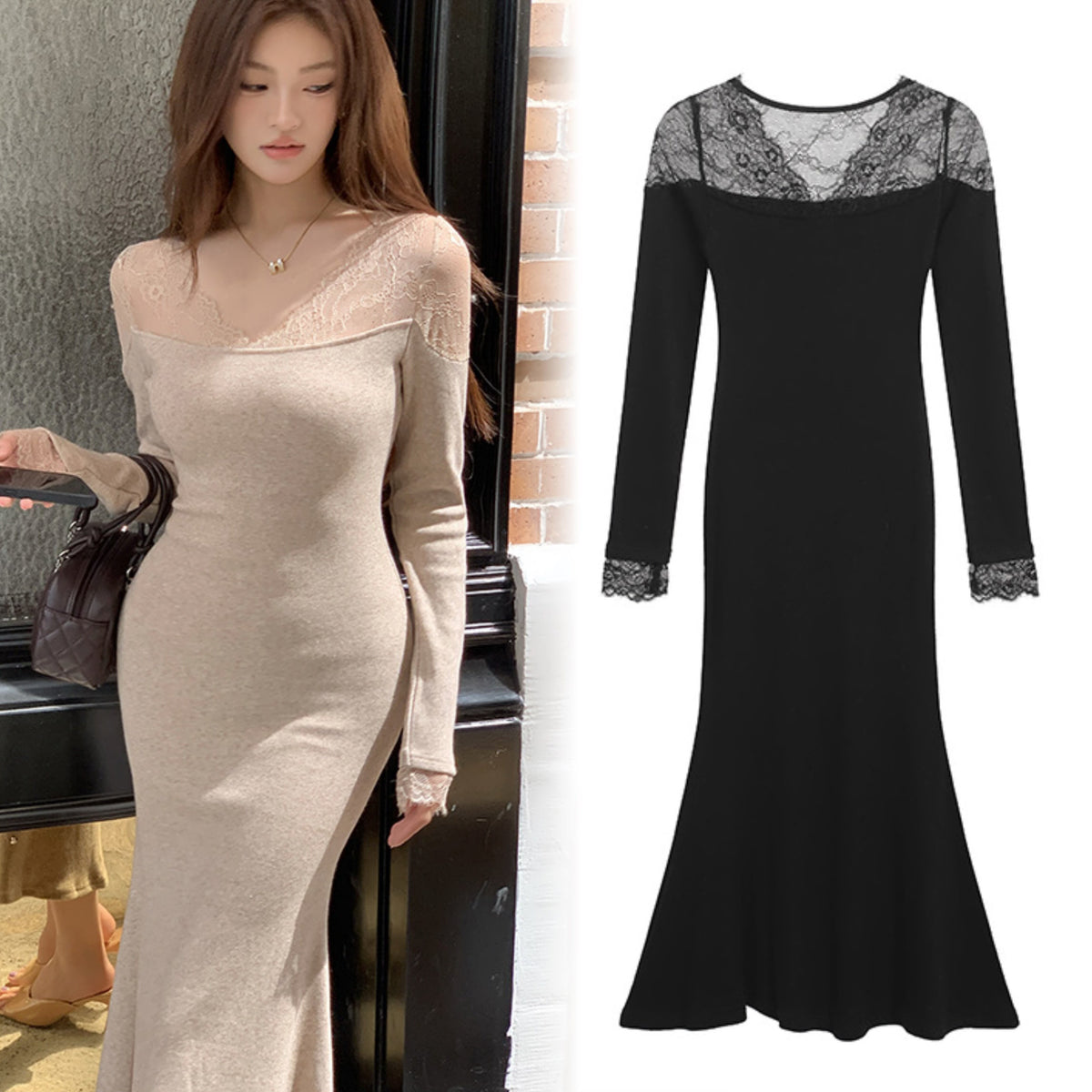 【dress】レースドッキングマーメイドニットワンピース　N2902