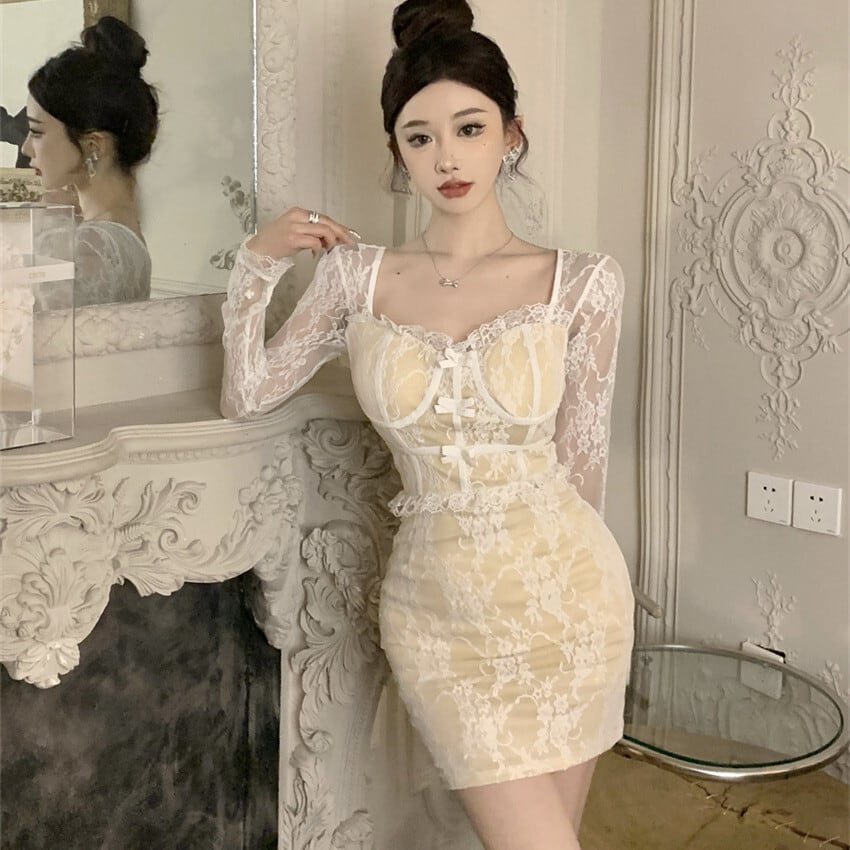 【dress】リボン付きレース切り替えワンピース　M26395