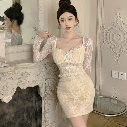 【dress】リボン付きレース切り替えワンピース　M26395