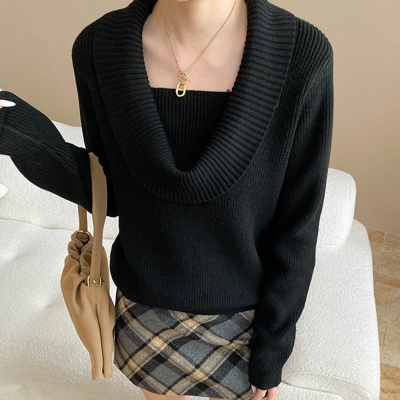 【tops】5色展開ドレープドネックニットトップス Q7379
