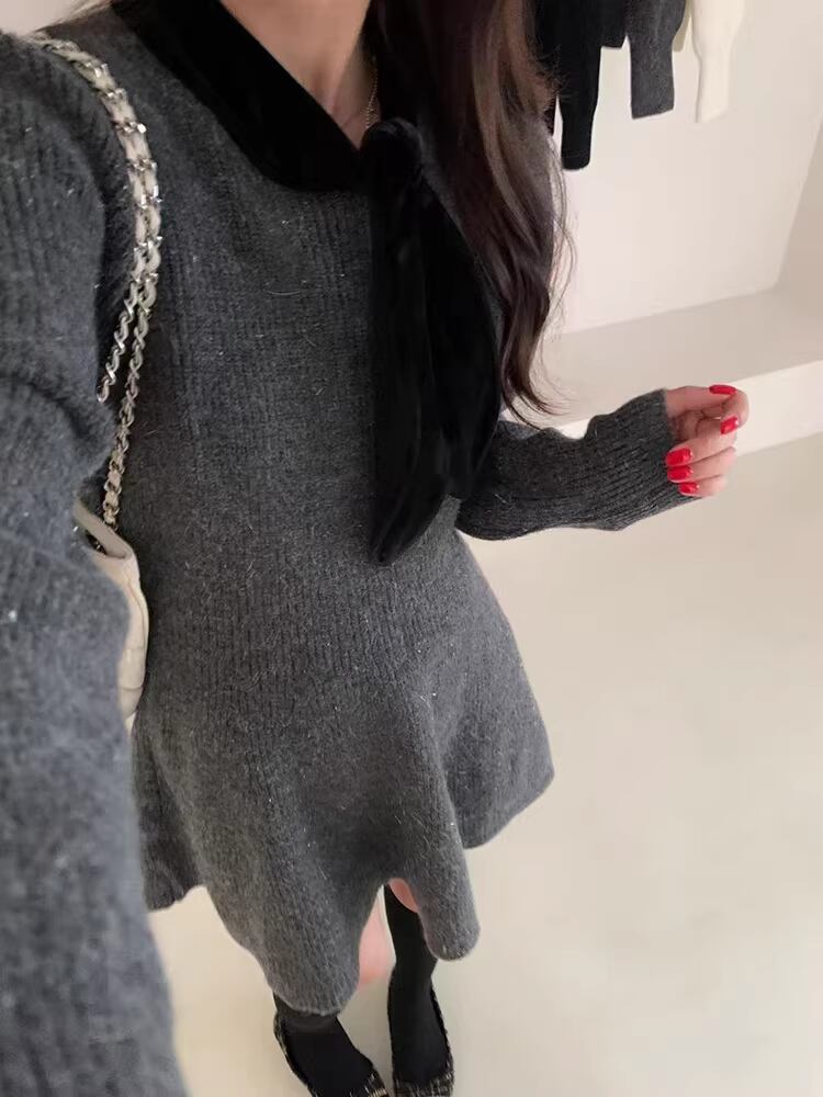 【dress】スカーフカラーニットワンピース Q7482
