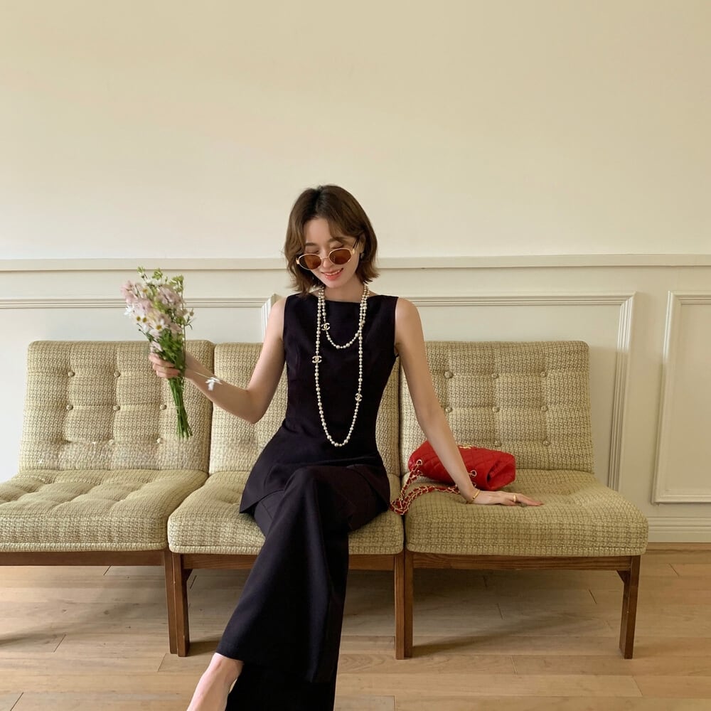 【set】バックリボンノースリーブトップス×フレアパンツセット N3572