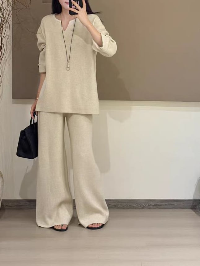 【set】Vネックニットトップス×ワイドパンツセット Q7440