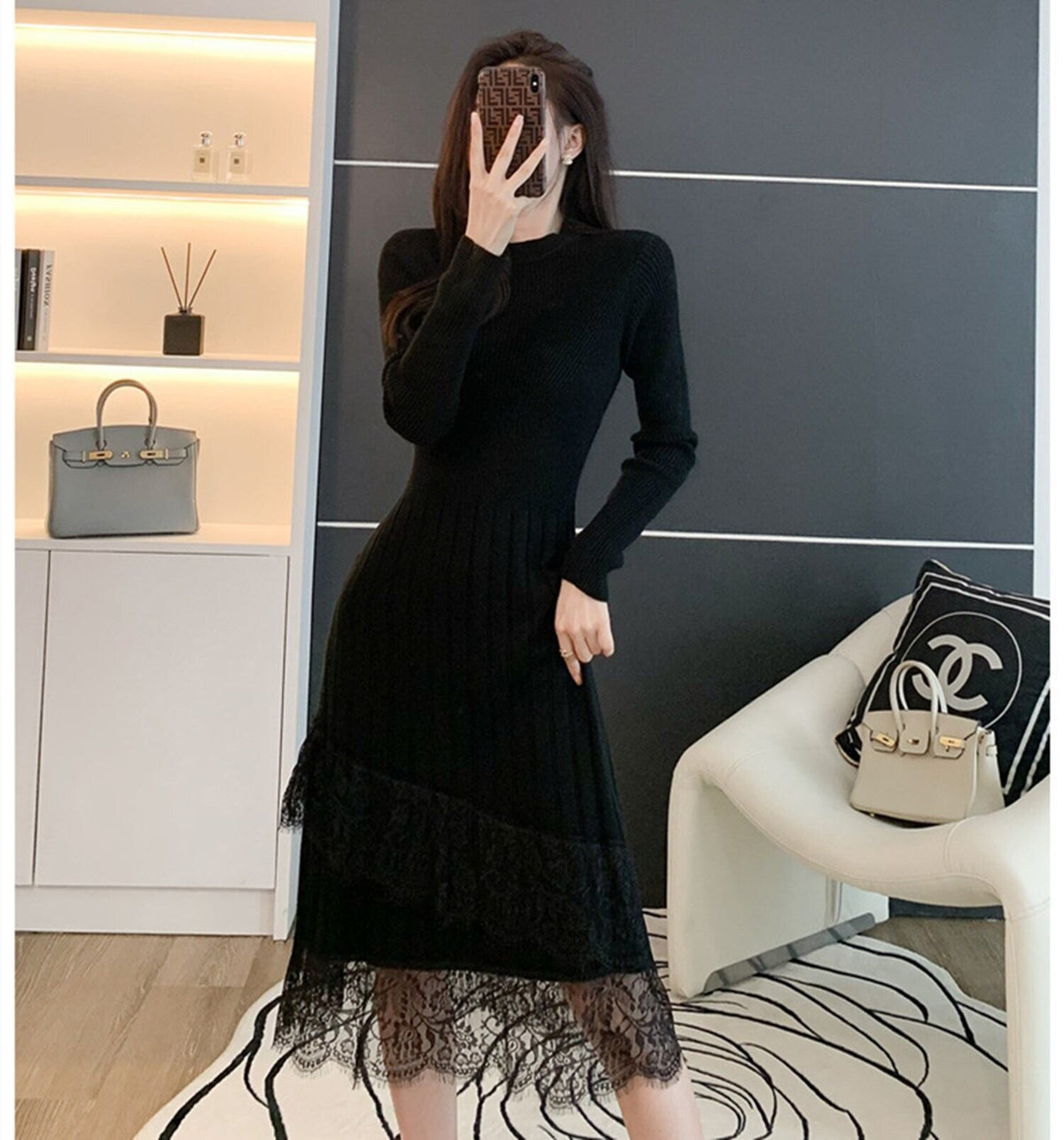 【dress】レースドッキングニットワンピース 　N2226