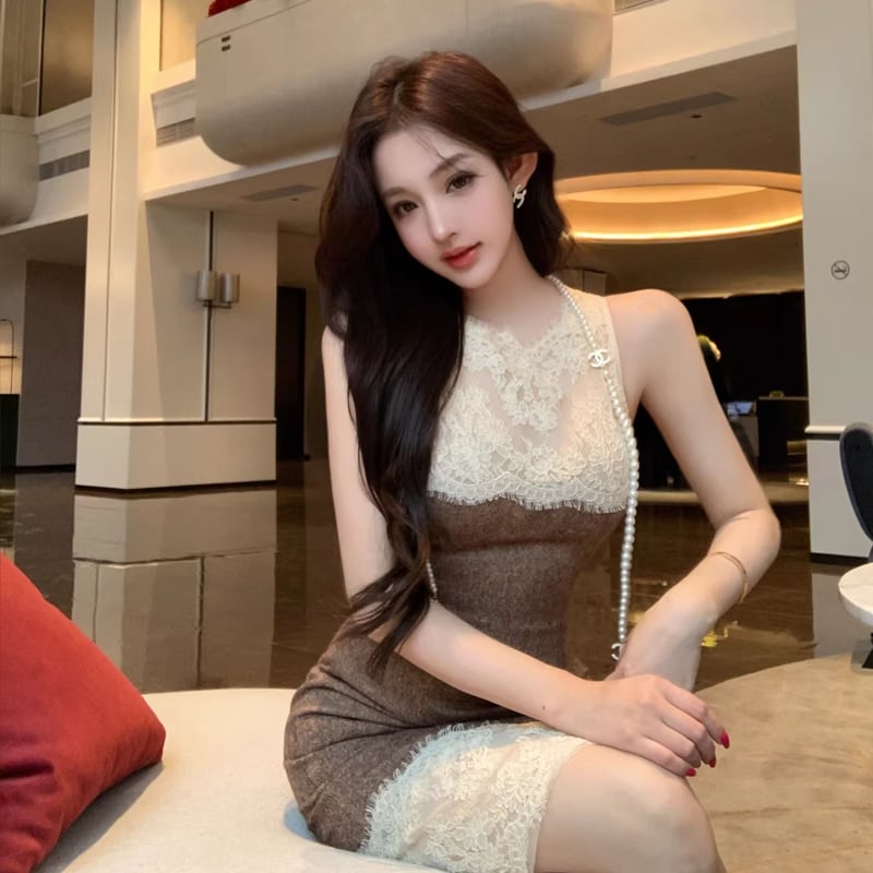 【dress】ノースリーブレースドッキングワンピース Q8023