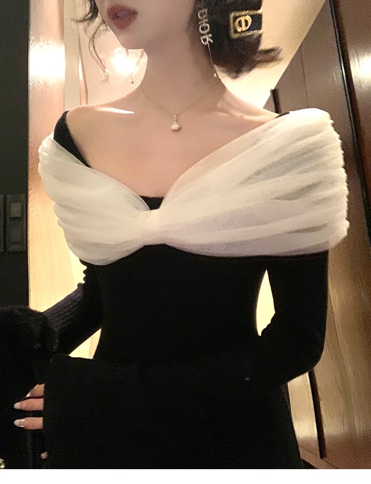 【dress】チュールドッキングニットワンピース　N3460