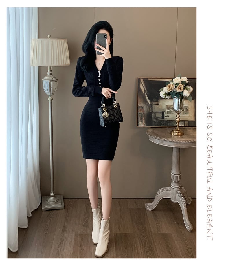 【dress】Vネックニットワンピース　M25346