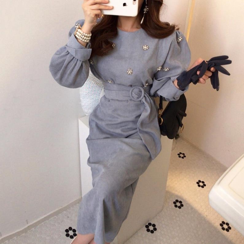 【dress】 韓国系気質満点レトロスウィートパフスリーブ着痩せコールテンワンピース G1775