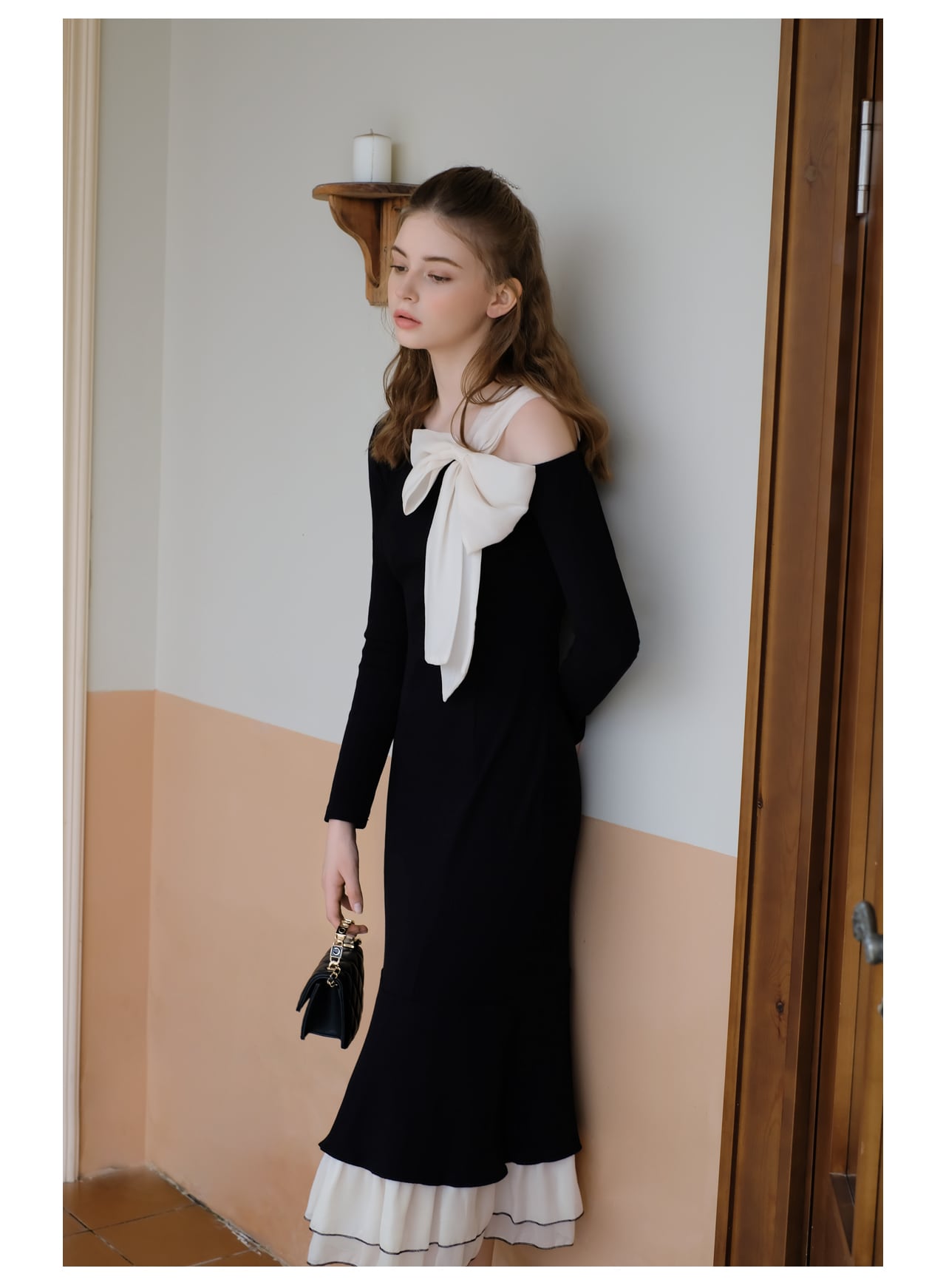 【dress】リボンメッシュ切替ワンピースF8303