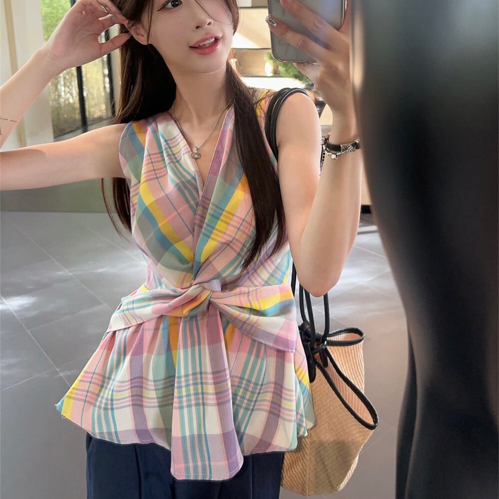 【tops】Vネック配色トップス　M24719