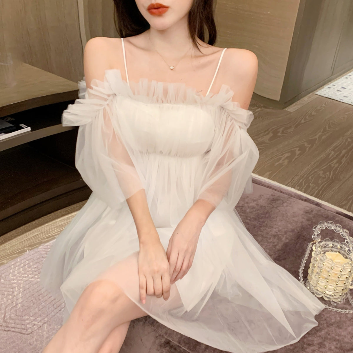 【dress】ギャザーオフショルチュールワンピース　N2666