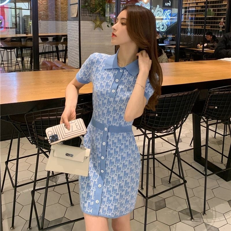 【dress】POLOネックウェスト絞りニットワンピースF7391