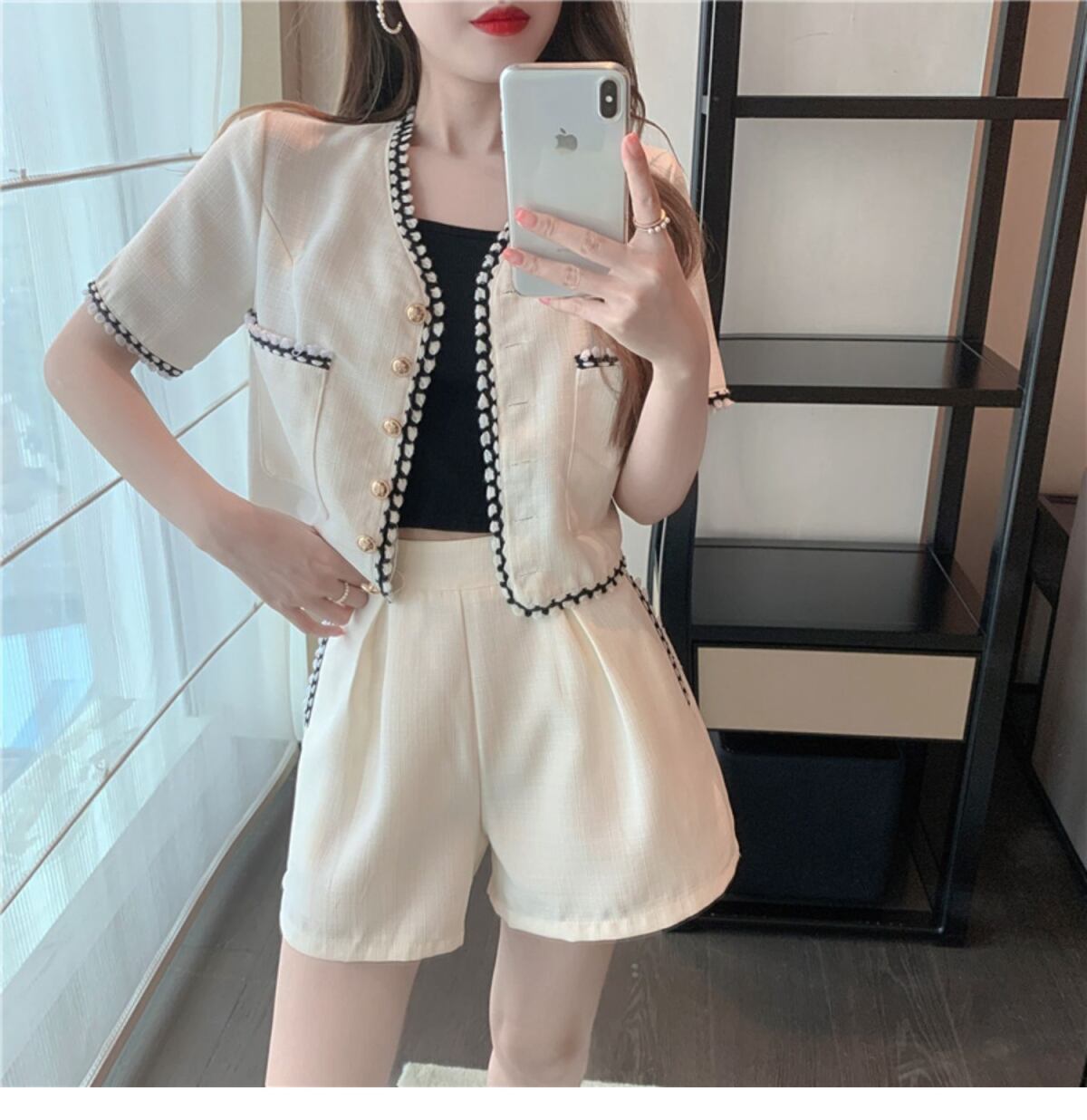 【set】半袖ブラウス+ギャザーショートパンツ２点セット F7361