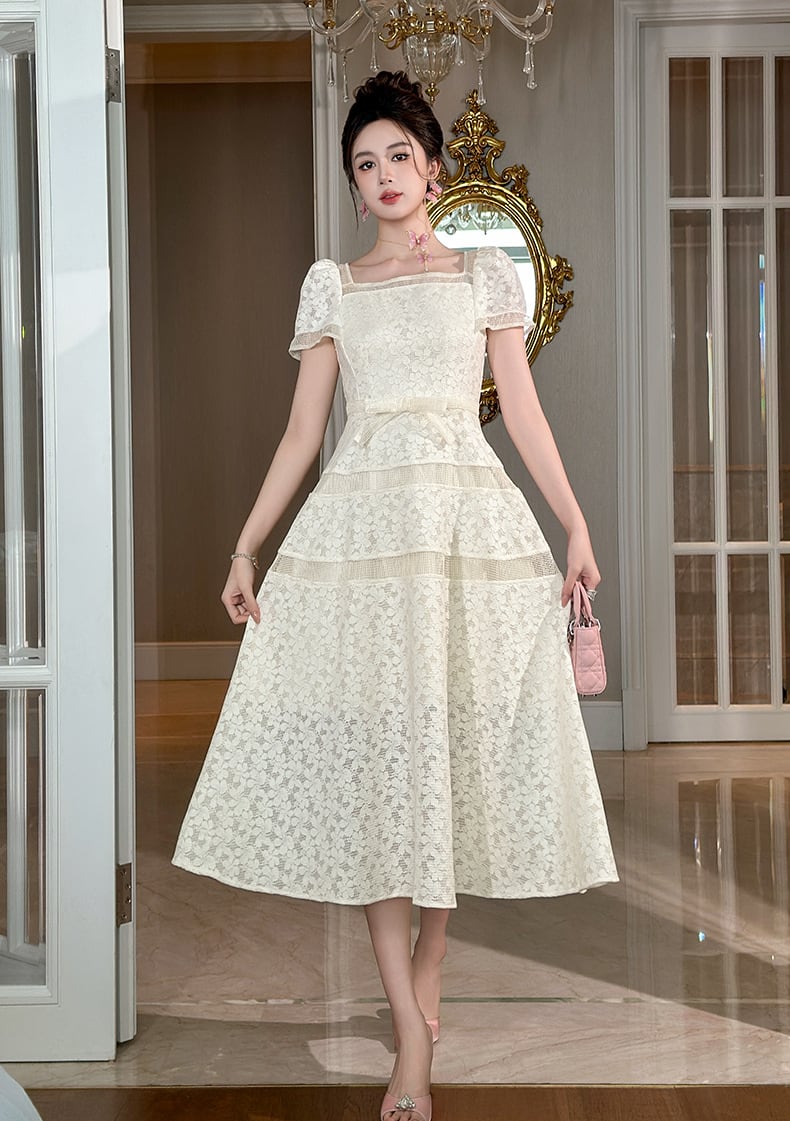 【dress】半袖スクエアネックレースロングワンピース Q8482