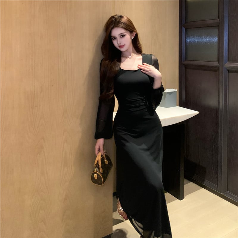 【dress】チュールドッキングロングワンピース Q7872