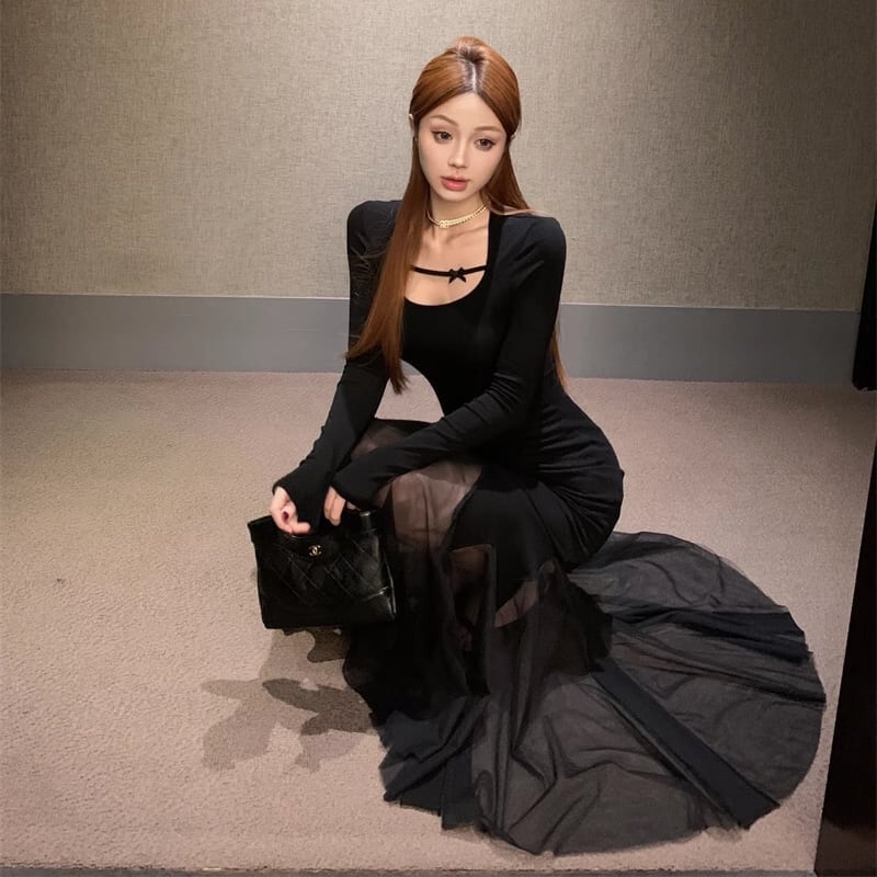 【dress】チュールドッキングロングワンピース Q7017