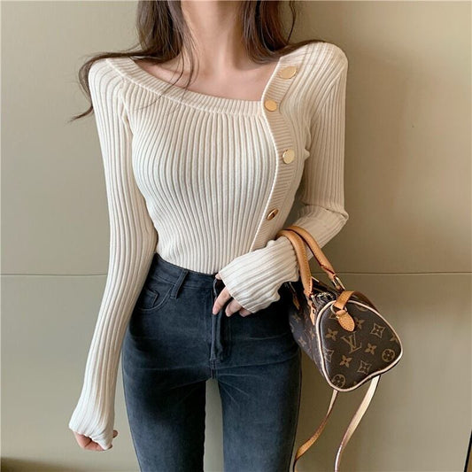 【tops】長袖ファッション韓国風フェミニン斜めネックニットセーターW0352