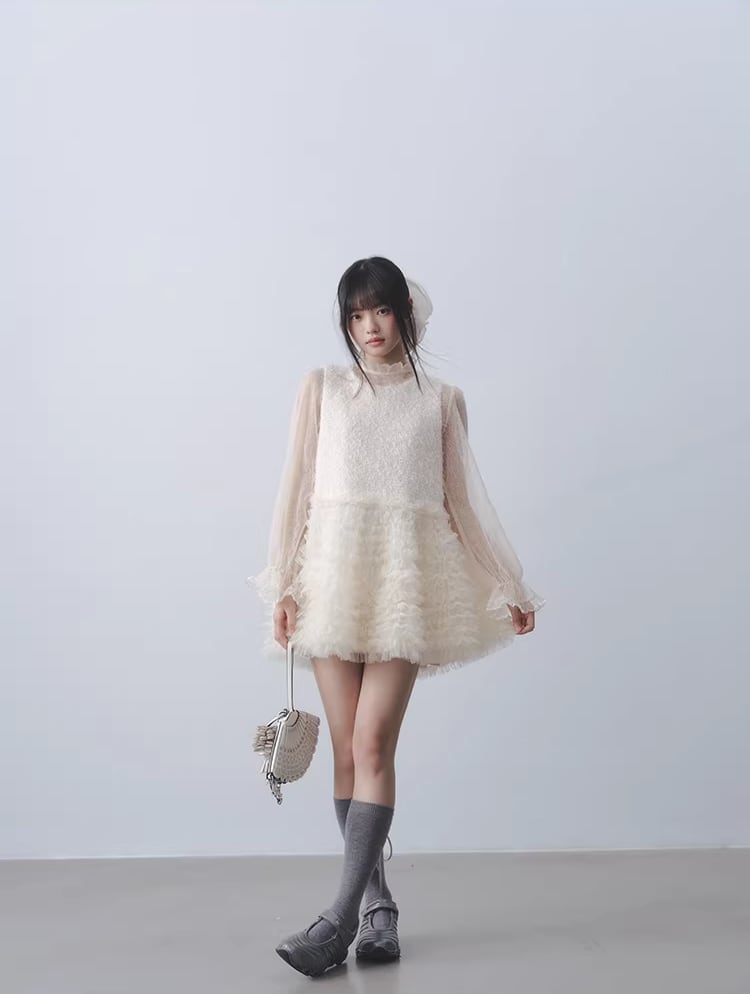 【dress】ギャザーフリルチュールドッキングベストワンピース Q7962