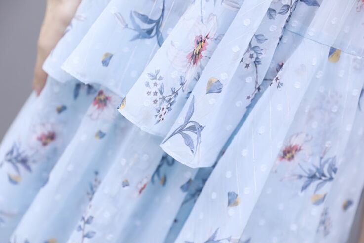 【dress】清新スウィート〜タイカラーフレアスリーブ韓国風ギャザー花柄ワンピースF0296