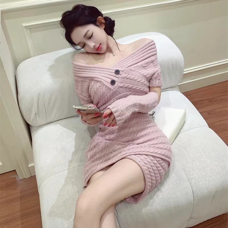 【dress】アームウォーマ付きクロスネックニットワンピース Q7850
