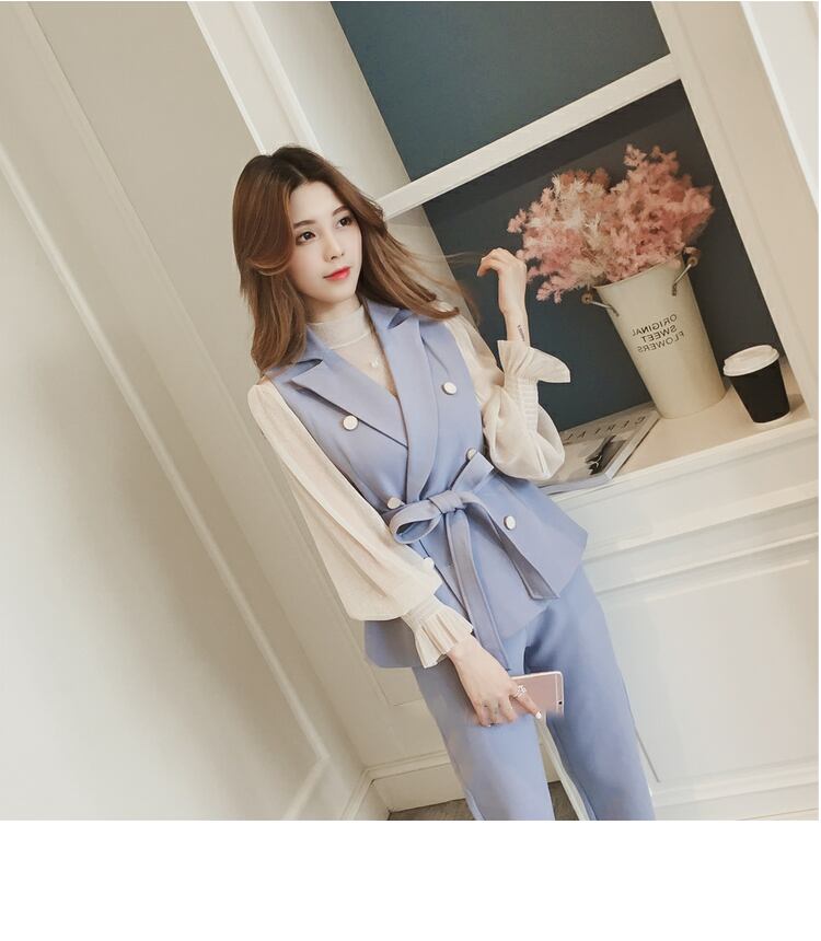 【set】美人度アップ!韓国系スウィート洋気ベスト+シャツ+パンツセットアップ G2087