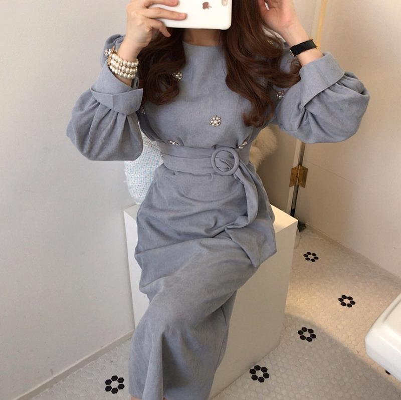 【dress】 韓国系気質満点レトロスウィートパフスリーブ着痩せコールテンワンピース G1775