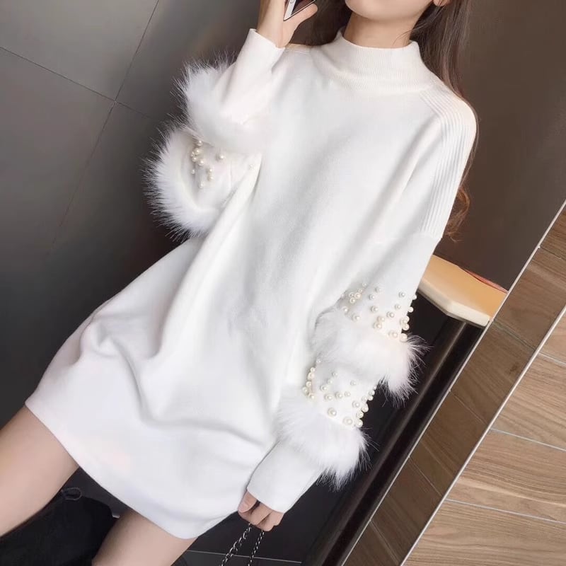 【dress】袖ファーパールニットワンピース　M19363